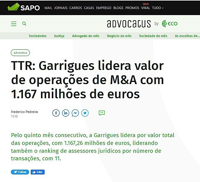 TTR: Garrigues lidera valor de operações de M&A com 1.167 milhões de euros